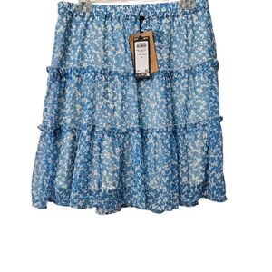 Vero Moda VMS Milla Short Frill Skirt in Blue White lined spring floral M NWT